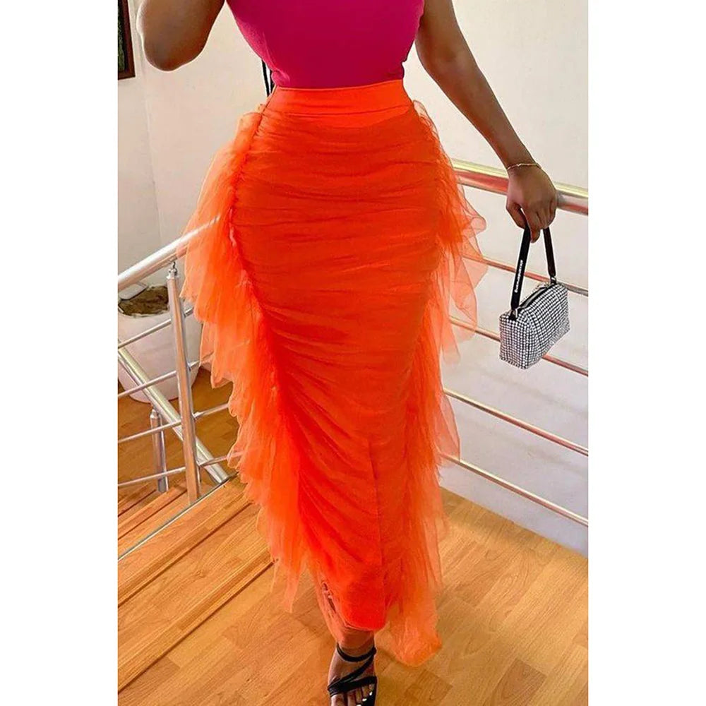 Plus Size Red Daily Side Tulle Ruffles Fold Skirts for Women 2025