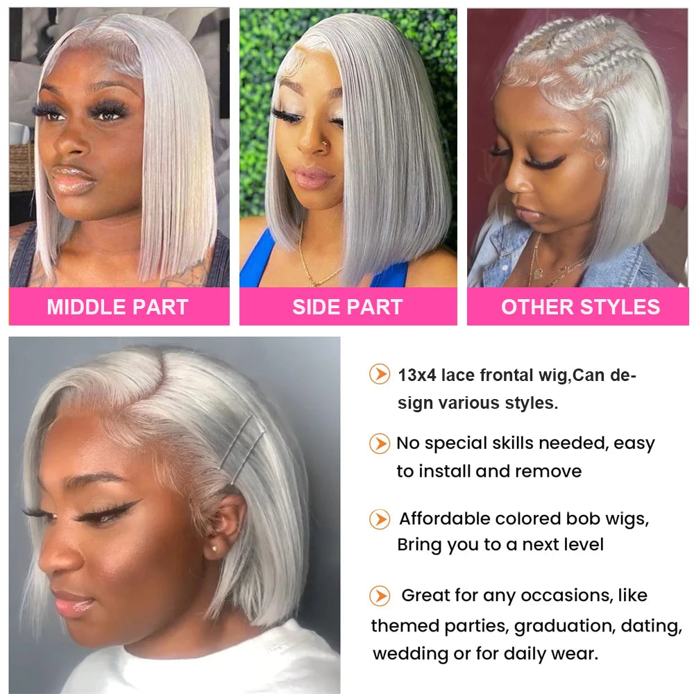 Grey Bob Human Hair Wigs Lace Front Silver Grey 13X4 Lace Frontal Bob Wig Pix Cut Straight Colored Human Hair Wigs 200% Density