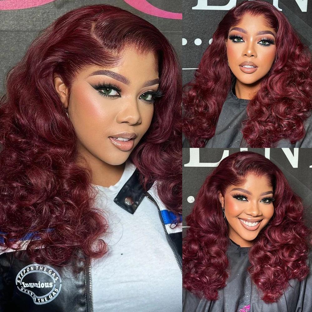 250% Density Burgundy Red #99J Short Bob Wig 13x4 HD Lace Front Wig Loose Deep Wave Bob Wigs 100% Human Hair Lace Wigs For Women