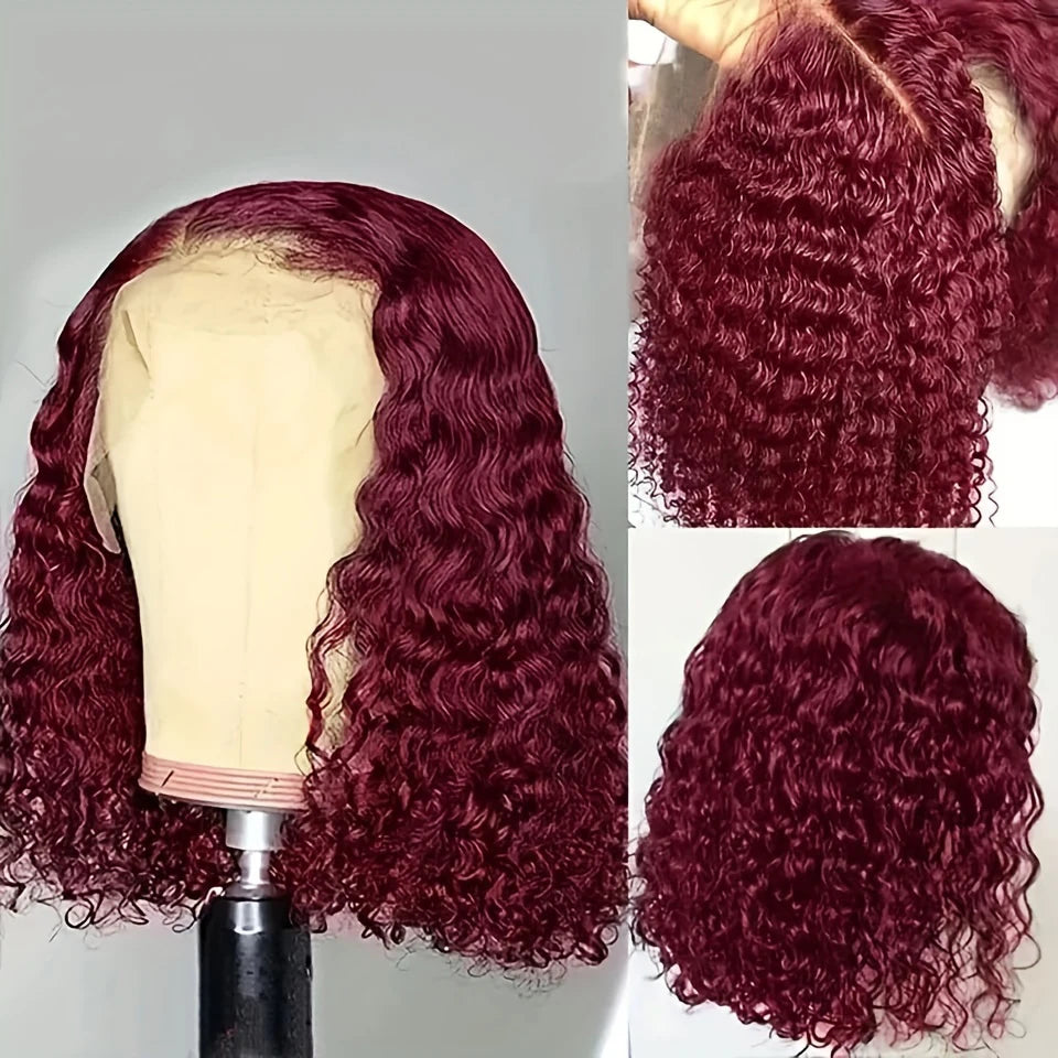 13X4 HD Lace Frontal Wig 99J Burgundy Deep Wave Short Bob Human Hair Wigs Curly Wave Red Bob Wig Pre Plucked 16 Inch Color Wigs