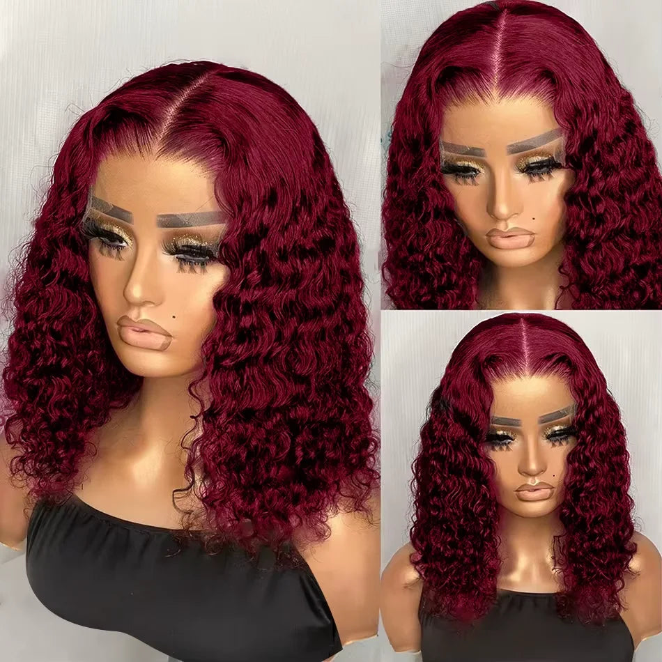 13X4 HD Lace Frontal Wig 99J Burgundy Deep Wave Short Bob Human Hair Wigs Curly Wave Red Bob Wig Pre Plucked 16 Inch Color Wigs