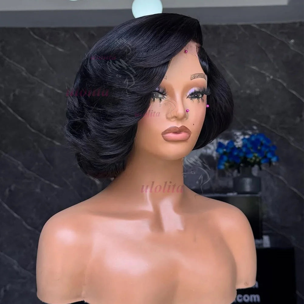 Layered Cut Straight Bob Wig Natural Color Lace Closure Wig Wear and Go 4x4/13x4 Glueless Wig Free Part Minimalist Lace Bob Wig