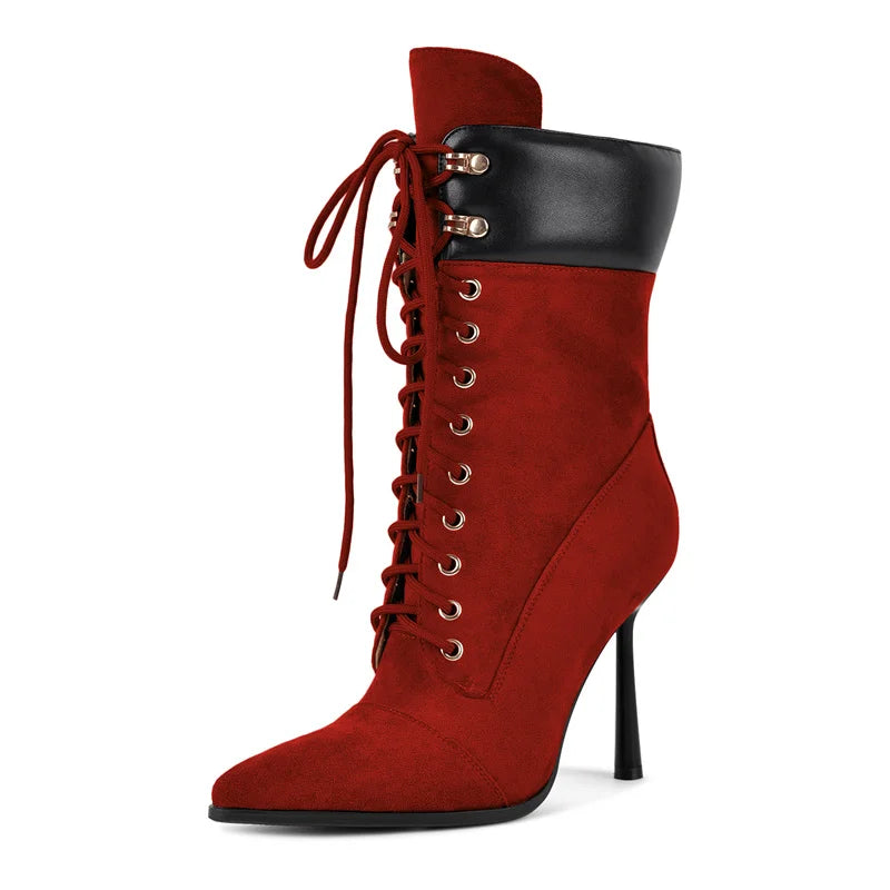 Pointed Toe Lace Up Stiletto Mid Calf Boots for Women