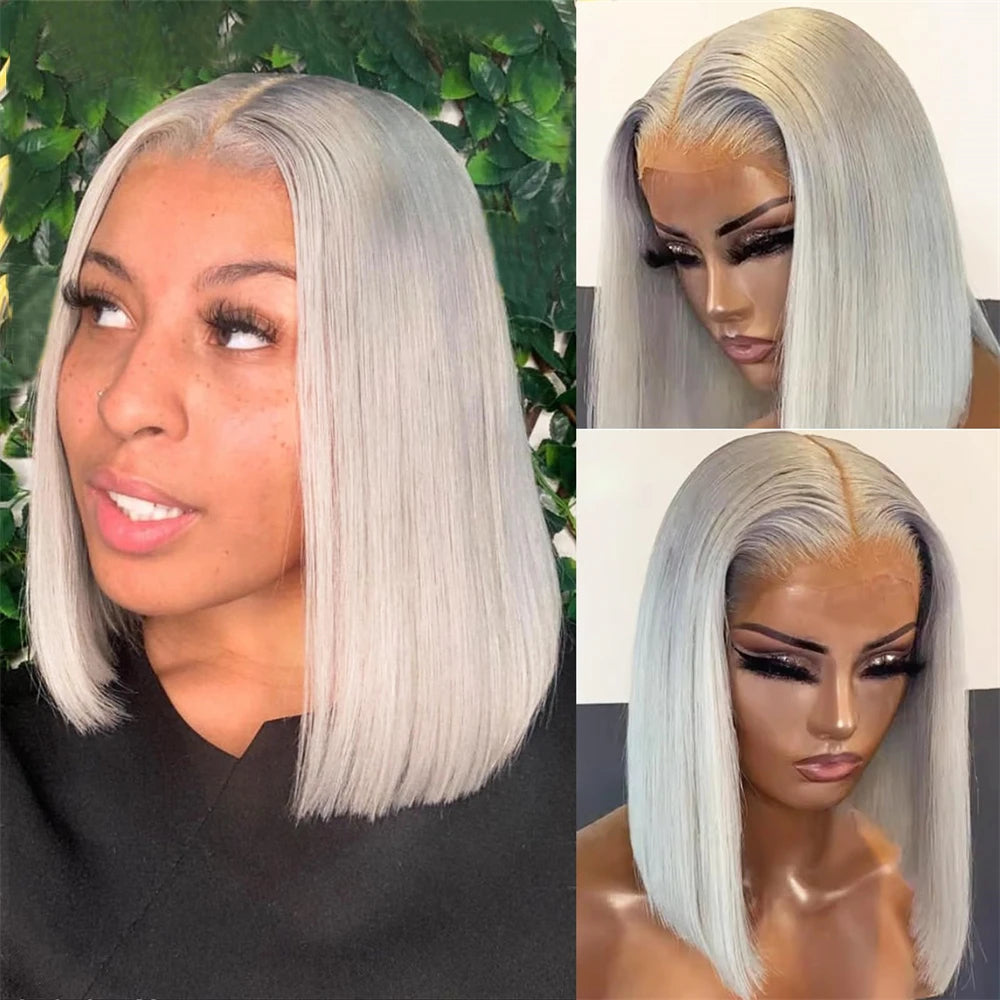 Grey Bob Human Hair Wigs Lace Front Silver Grey 13X4 Lace Frontal Bob Wig Pix Cut Straight Colored Human Hair Wigs 200% Density