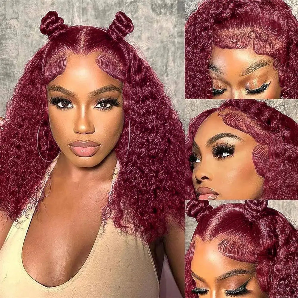 13X4 HD Lace Frontal Wig 99J Burgundy Deep Wave Short Bob Human Hair Wigs Curly Wave Red Bob Wig Pre Plucked 16 Inch Color Wigs