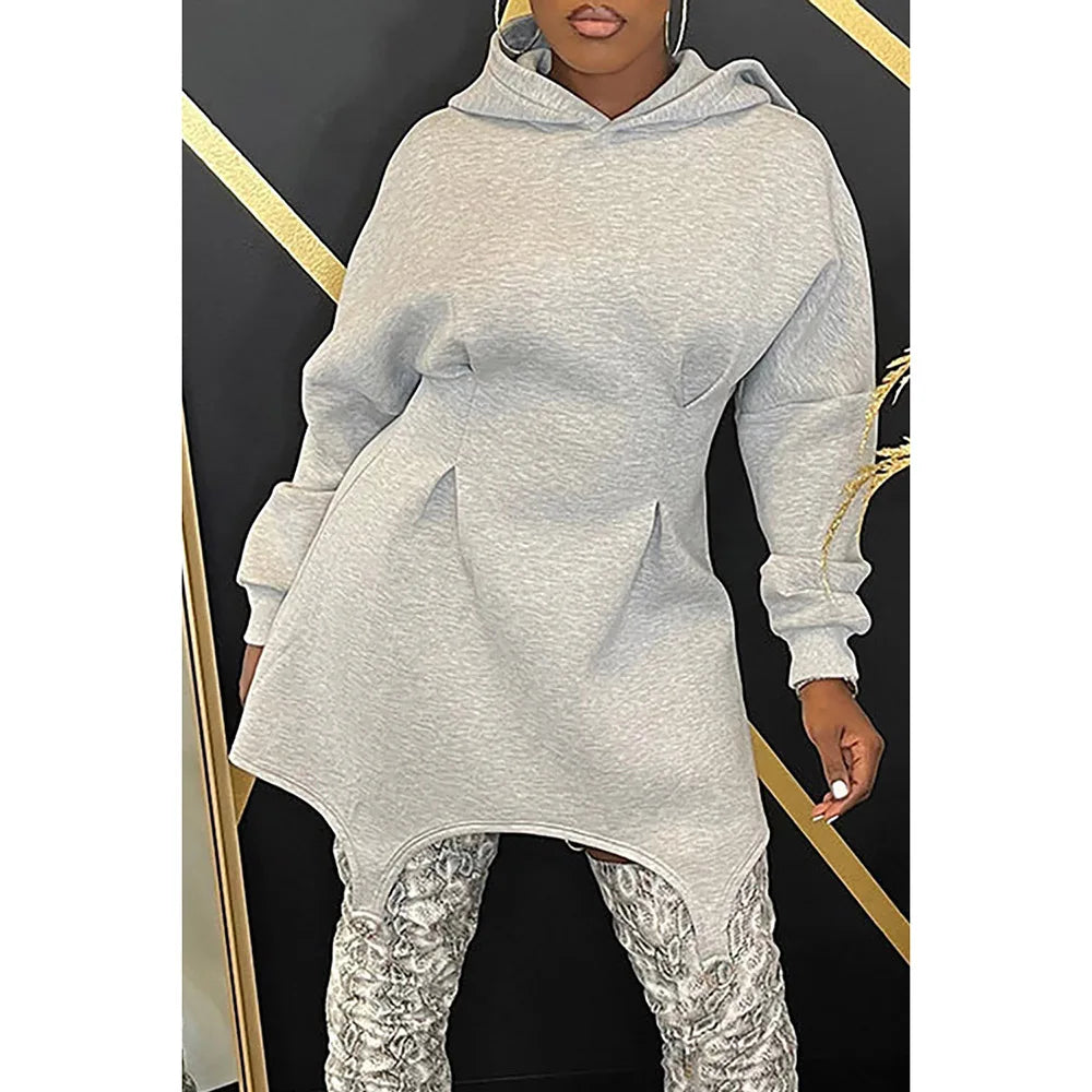 Plus Size Party Mini Dresses Casual Grey Fall Winter Hoodie Lantern Sleeve Long Sleeve Asymmetric Hem Cotton Mini Dresses