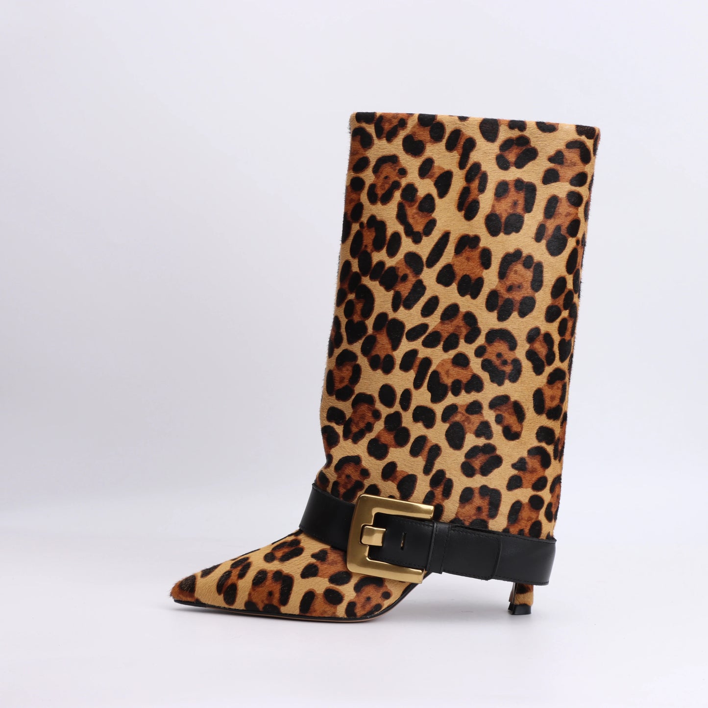 Designer 2025 Winter Luxury New Fashion Leopard Pattern Leather Metal Buckle High Heel Boots Pointed Thin Heel Leg Boots