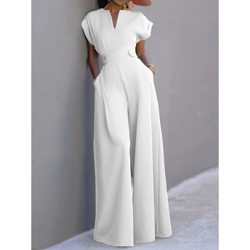 Women Black White Color Wide Leg Jumpsuits 2024 New Summer Cap Sleeves Loose Fashion Urban Casual Office Jump Suits