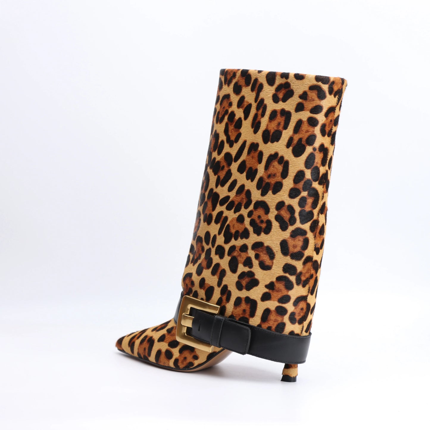 Designer 2025 Winter Luxury New Fashion Leopard Pattern Leather Metal Buckle High Heel Boots Pointed Thin Heel Leg Boots