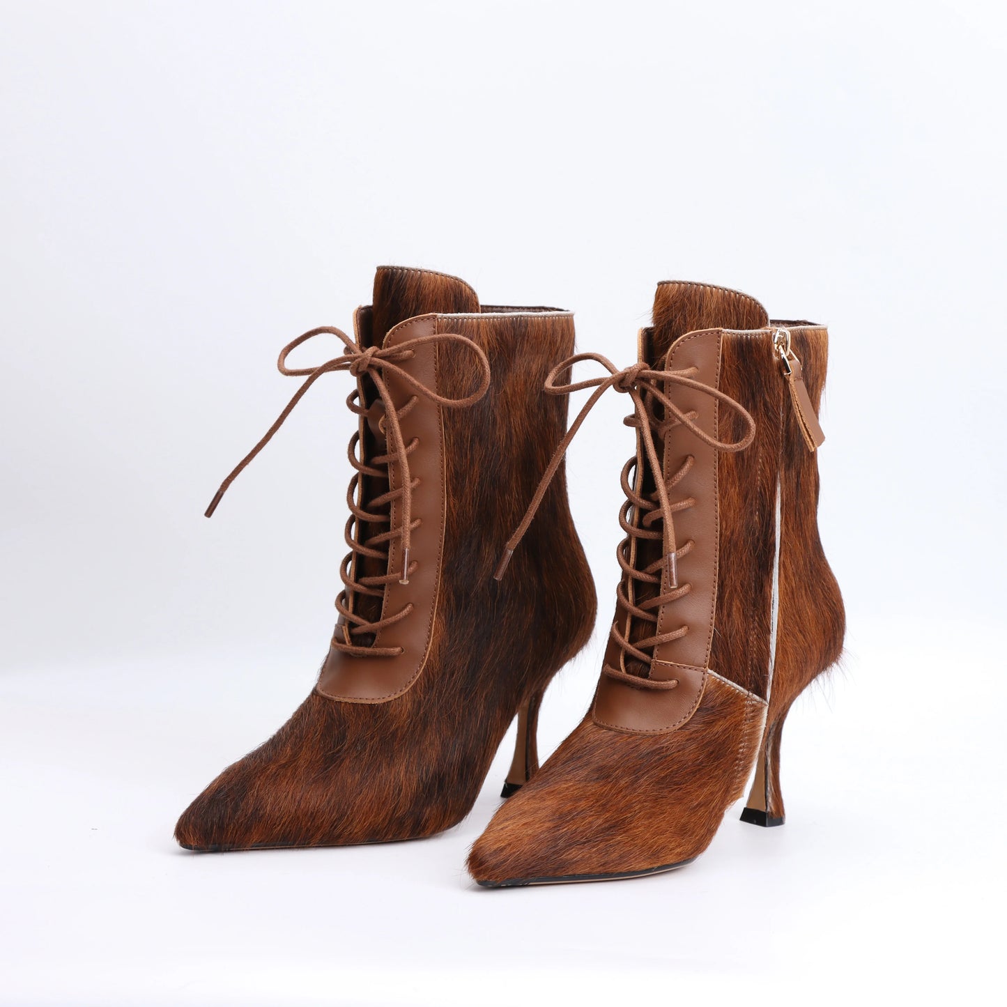 2025 designer women's British style pointed short boots with high, thin heels and lace up real leather boots