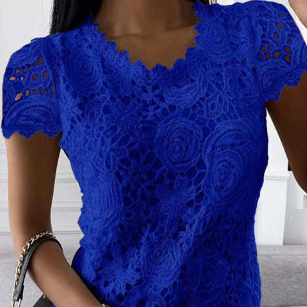 Womens Lace Round Neck Tops T-Shirts Ladies Summer Casual Short Sleeve Blouse Pullover Fashion Clothing For