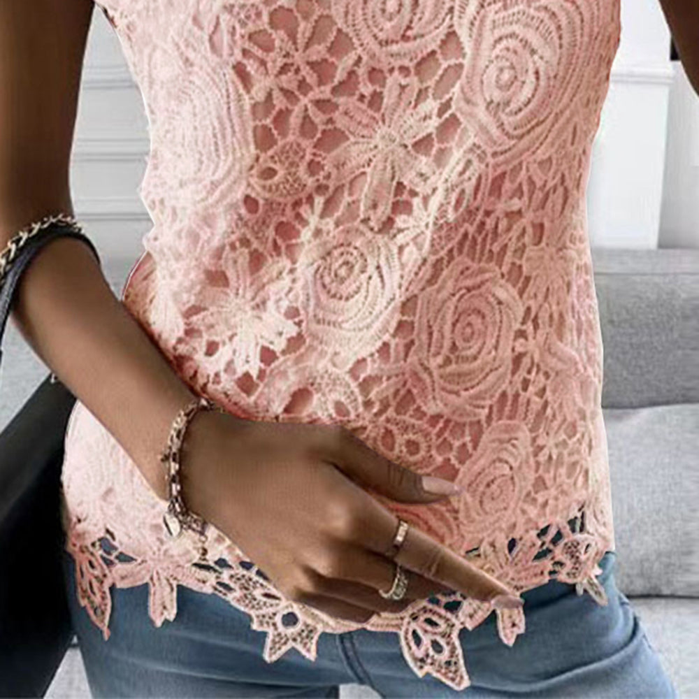 Womens Lace Round Neck Tops T-Shirts Ladies Summer Casual Short Sleeve Blouse Pullover Fashion Clothing For