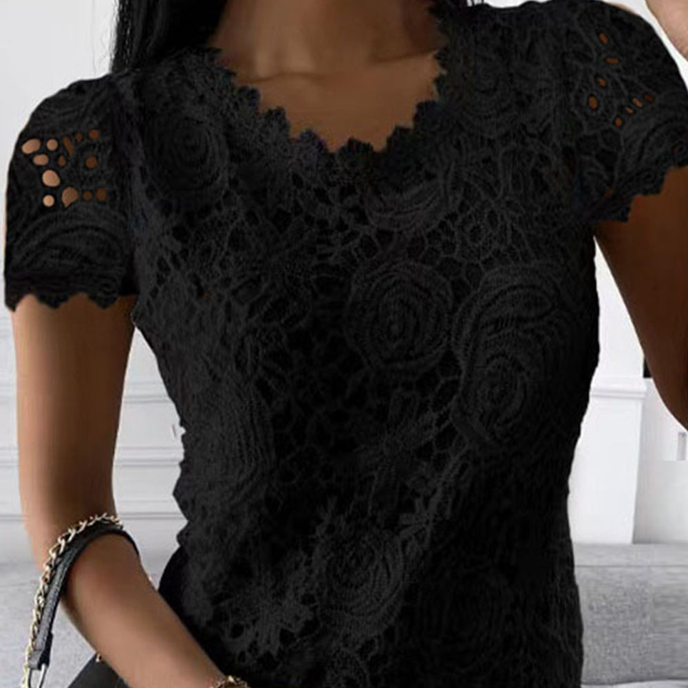 Womens Lace Round Neck Tops T-Shirts Ladies Summer Casual Short Sleeve Blouse Pullover Fashion Clothing For