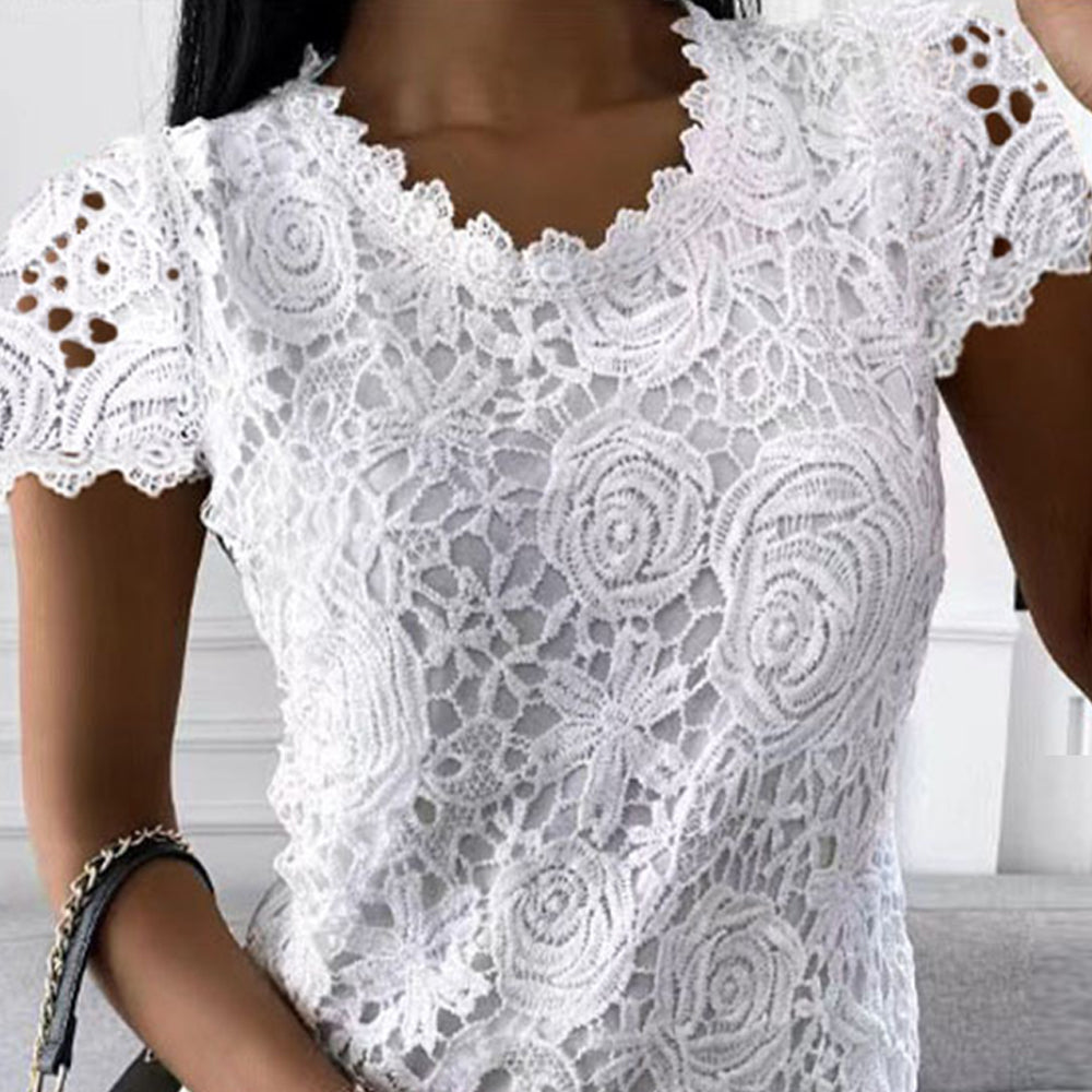 Womens Lace Round Neck Tops T-Shirts Ladies Summer Casual Short Sleeve Blouse Pullover Fashion Clothing For