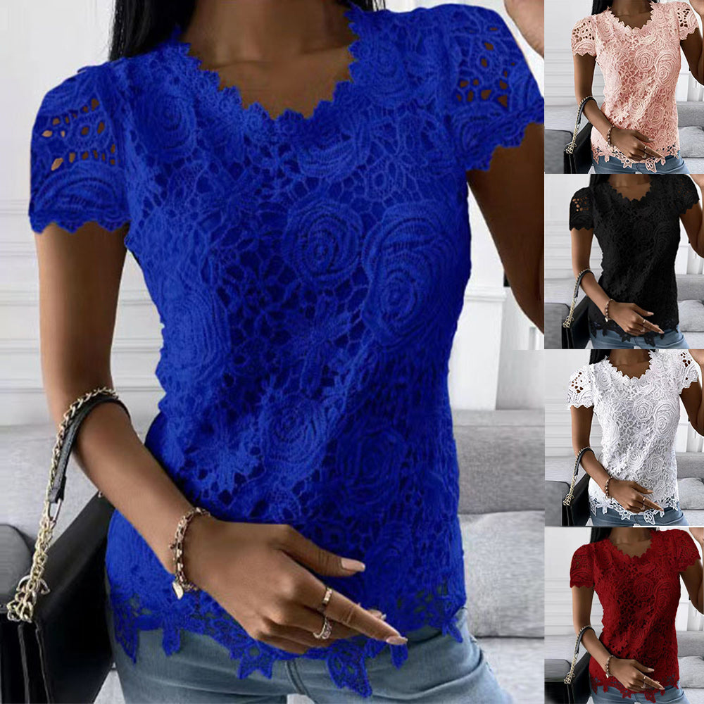 Womens Lace Round Neck Tops T-Shirts Ladies Summer Casual Short Sleeve Blouse Pullover Fashion Clothing For