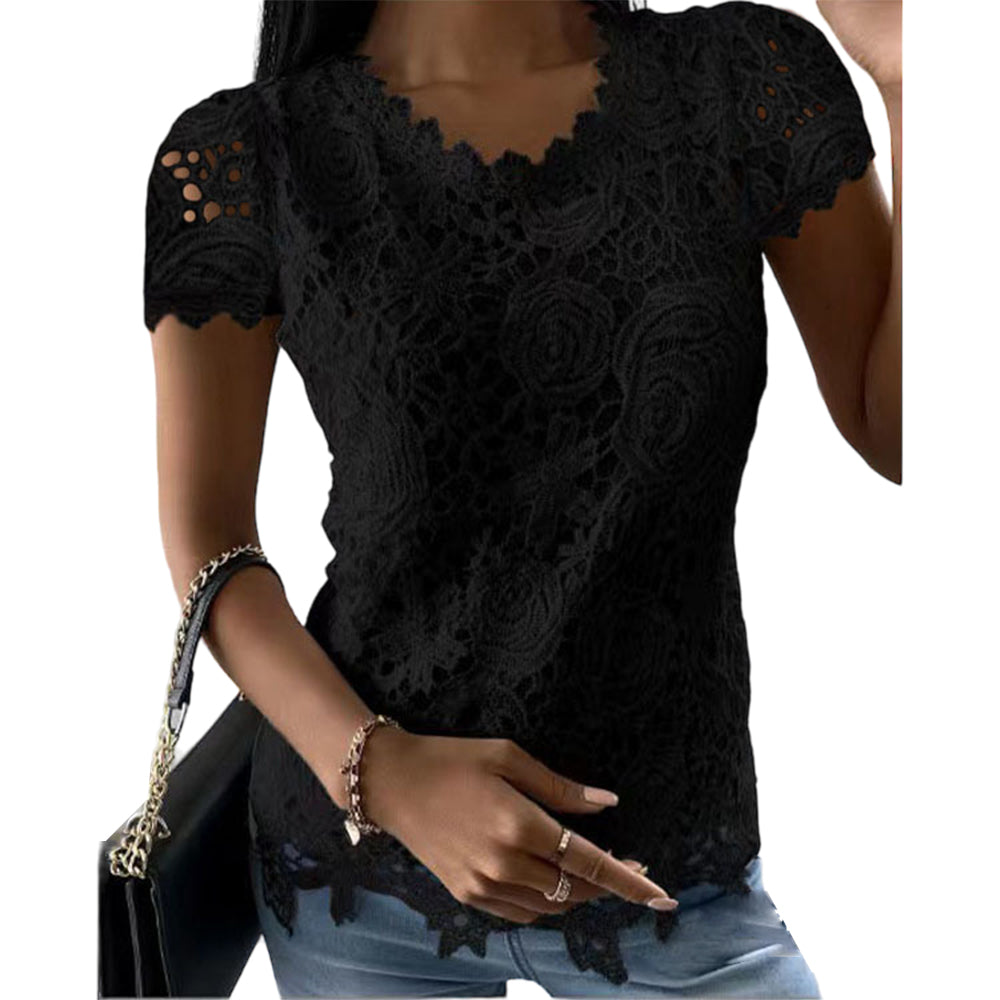 Womens Lace Round Neck Tops T-Shirts Ladies Summer Casual Short Sleeve Blouse Pullover Fashion Clothing For