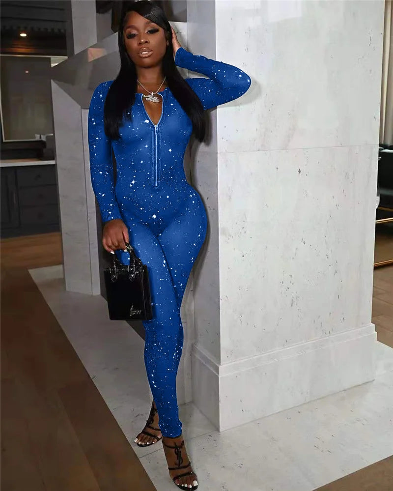 Galaxy Print Mesh Sheer Jumpsuit Women Overalls Front Zipper V-neck Bodycon Rompers Sexy Midnight Clubwear One Piece Outfits