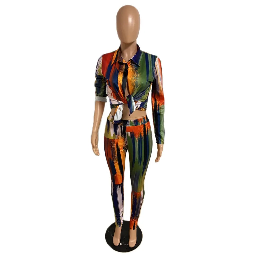 CM.YAYA Autumn Letter Leaf Print Women's Set Blouses Shirt Legging Pants Suit Active Wear Tracksuit Two Piece Set Fitness Outfit