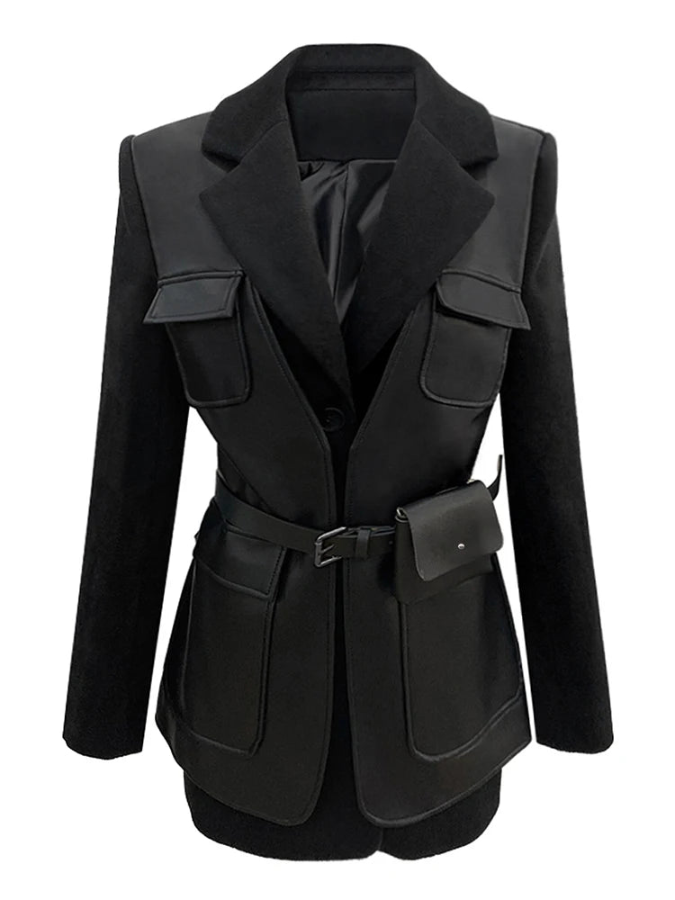 Black Patchwork Faux Leather Jacket With Pockets For Women