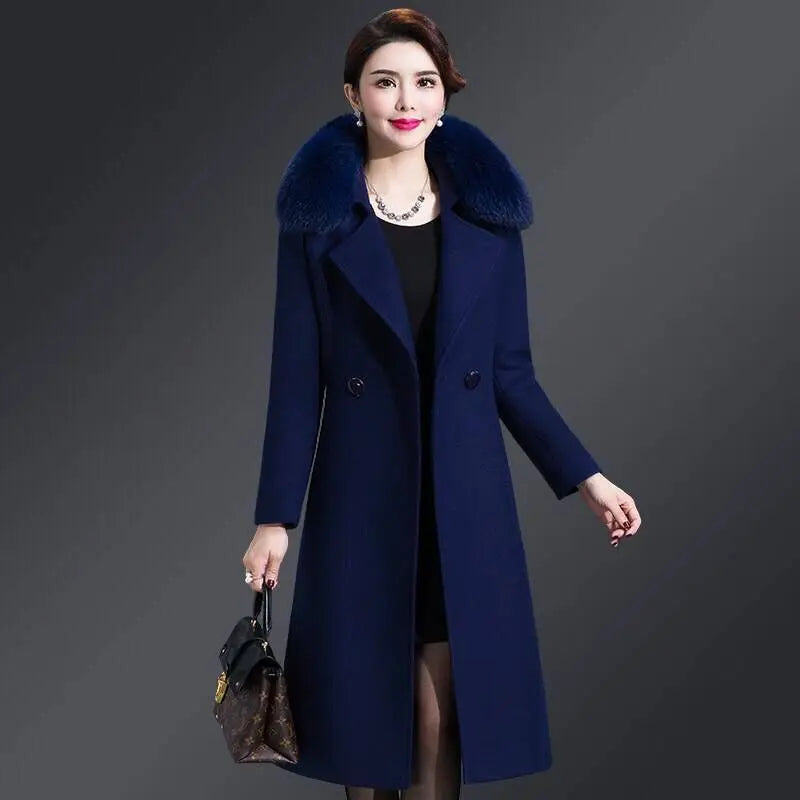 High Quality Big Fur Collar Woolen Coat Women Belt Knee-Length Double Breasted Mid-Long Woolen Jacket For Autumn Winter Outcoat
