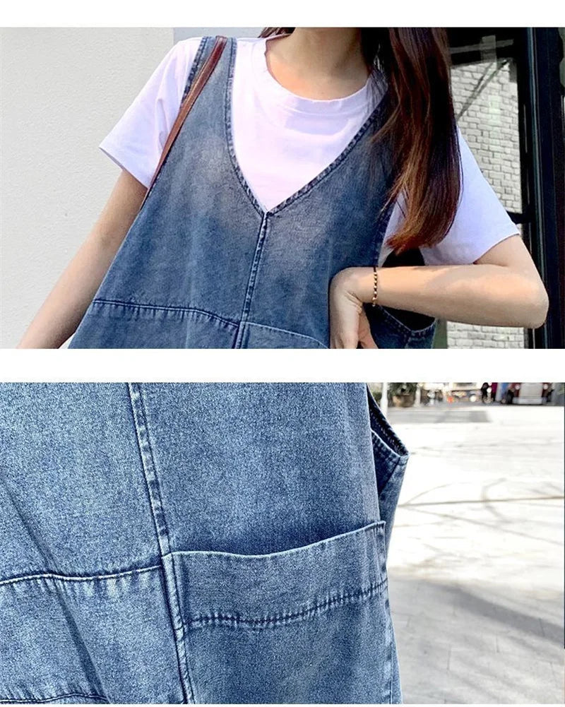 Fashion Women Denim Suspender Dress Loose V-Neck Sleeveless Suspender Dress Female Short Sleeve T-Shirt+Jeans Dresses Sets