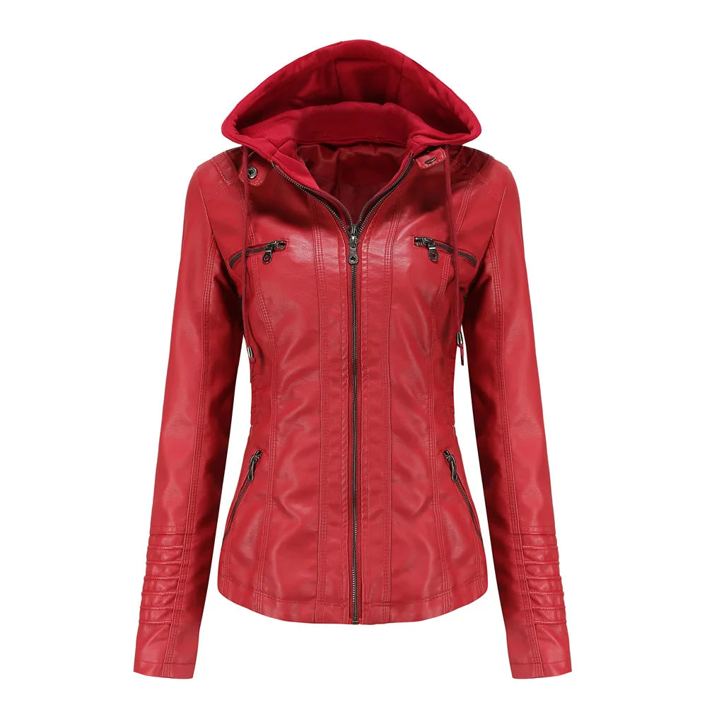 Autumn Winter Women Leather Jacket Hooded Removable PU Leather Jackets Motorcycle Long Sleeve Zipper Coat Black Outerwear XS-7XL