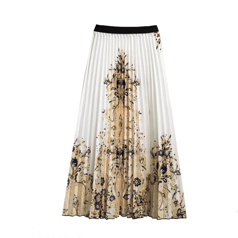 Casual Floral Midi Pleated Skirt For Women Fashion Printed Flower A Line Elastic High Waist Mid-length Skirt Female Ladies falda