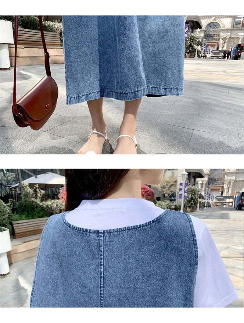 Fashion Women Denim Suspender Dress Loose V-Neck Sleeveless Suspender Dress Female Short Sleeve T-Shirt+Jeans Dresses Sets
