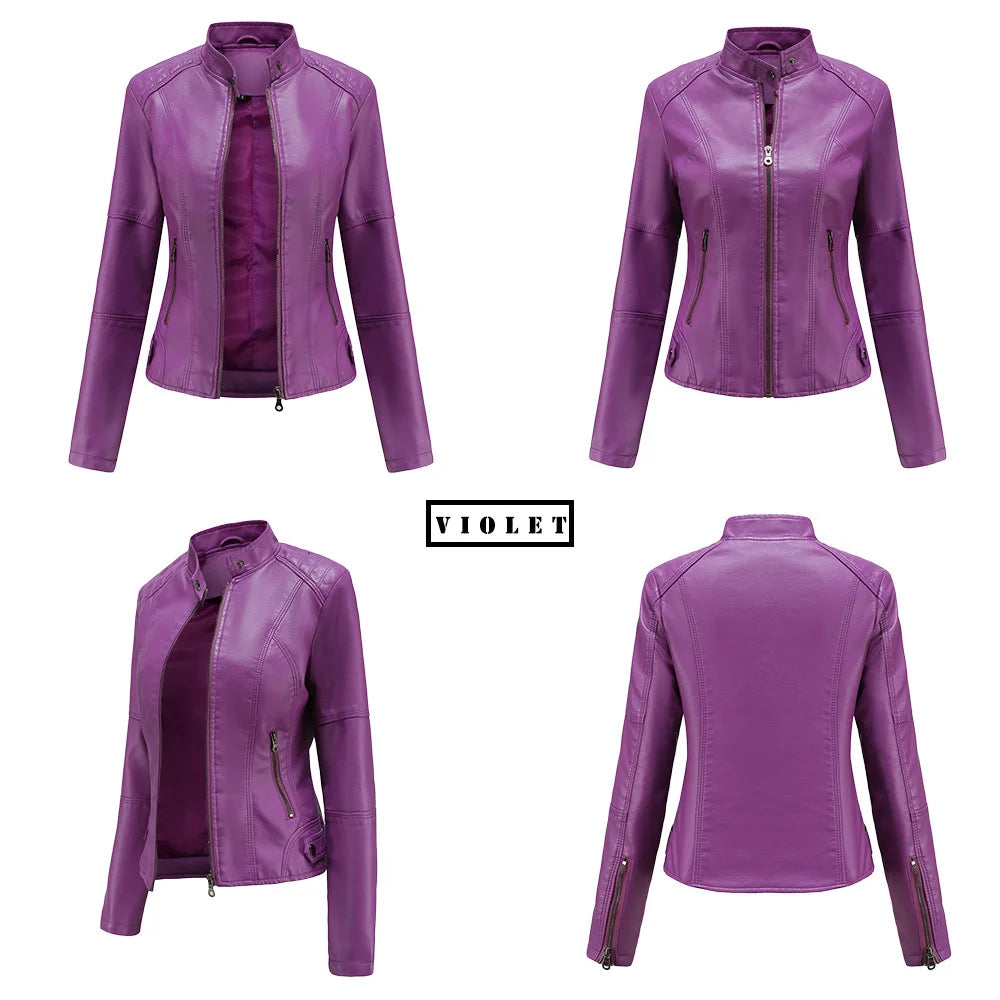 Women Leather Jacket 2025 Spring Autumn Black PU Leather Coat Stand-up Collar Motor Biker Jacket