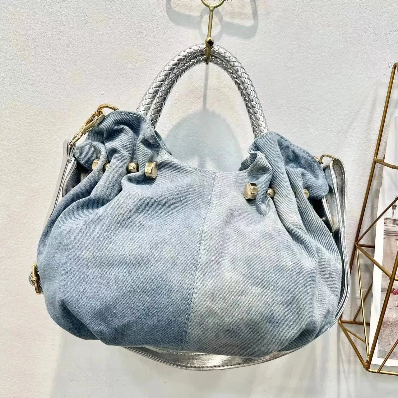Fashion Diamond Set Denim Women's Bag Canvas Tote Girl Denim Trend Bag Crossbody Denim Blue 2024 New Model
