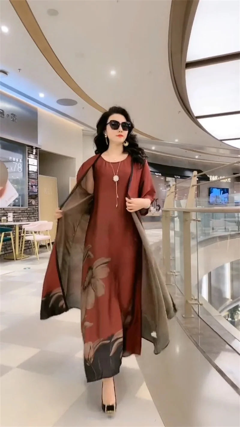 Middle Aged Mother Dress Suit Summer Casual Fashion Printing Two Piece Suits Long Dress Suits Women Temperament Dress Sets 729