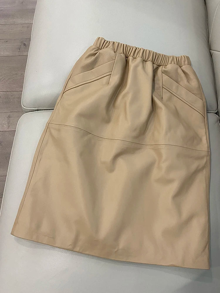 Leather Skirt Women With Pockets Midi Skirts Womens 2025 New Genuine Black And Green Sheepskin Leather Pencil Skirt Hgh Waist