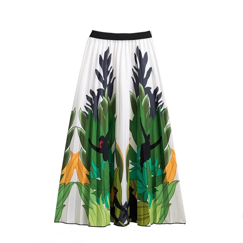 Casual Floral Midi Pleated Skirt For Women Fashion Printed Flower A Line Elastic High Waist Mid-length Skirt Female Ladies falda
