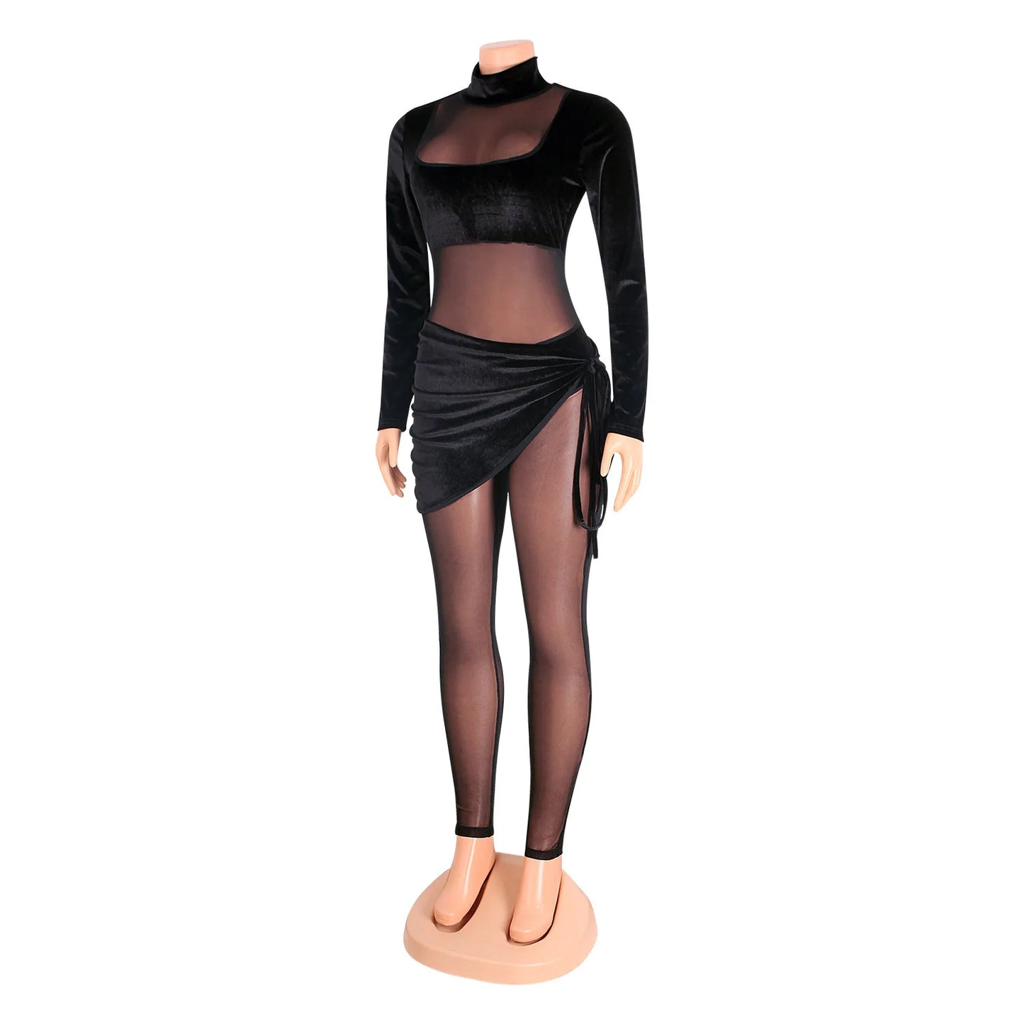 CM.YAYA Autumn Winter Women Long Sleeve Velvet Mesh Patchwork Jumpsuit Vintage Sexy Night Party Club One Piece Romper Playsuit