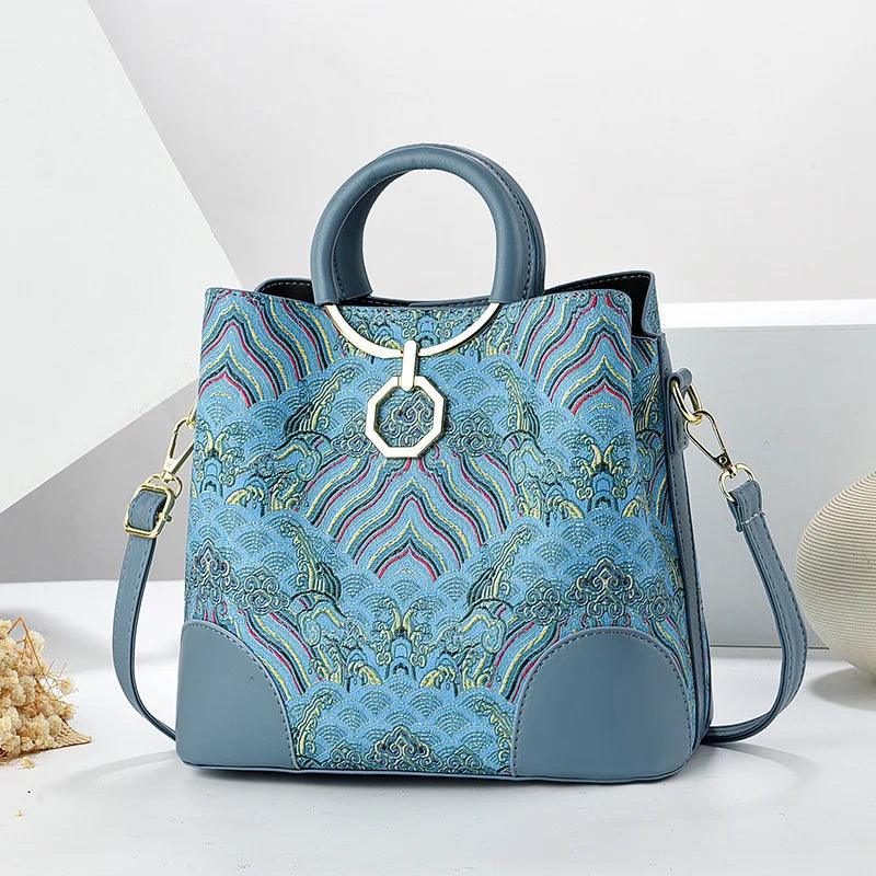 2024 Women's Large Capacity Printed Bucket Bag New Chinese Style Crossbody Tote Atmospheric Handbag Delivery Included Polyester