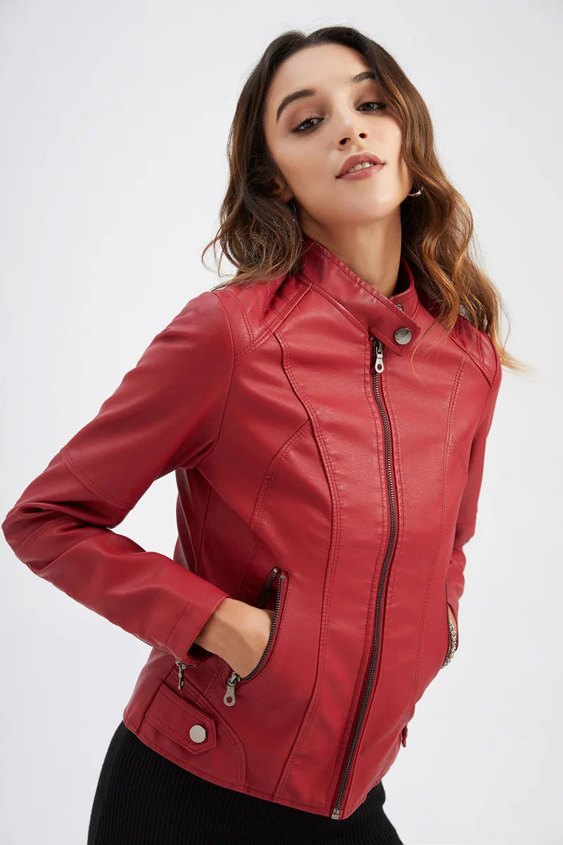 Women Leather Jacket 2025 Spring Autumn Black PU Leather Coat Stand-up Collar Motor Biker Jacket