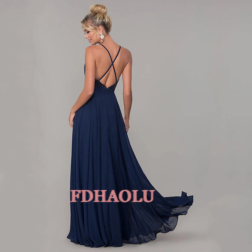 AE104 Robe De Soiree Navy Blue New Elegant A Line V Neck Backless Long Formal Evening Dresses Sequined Party Gowns Customized