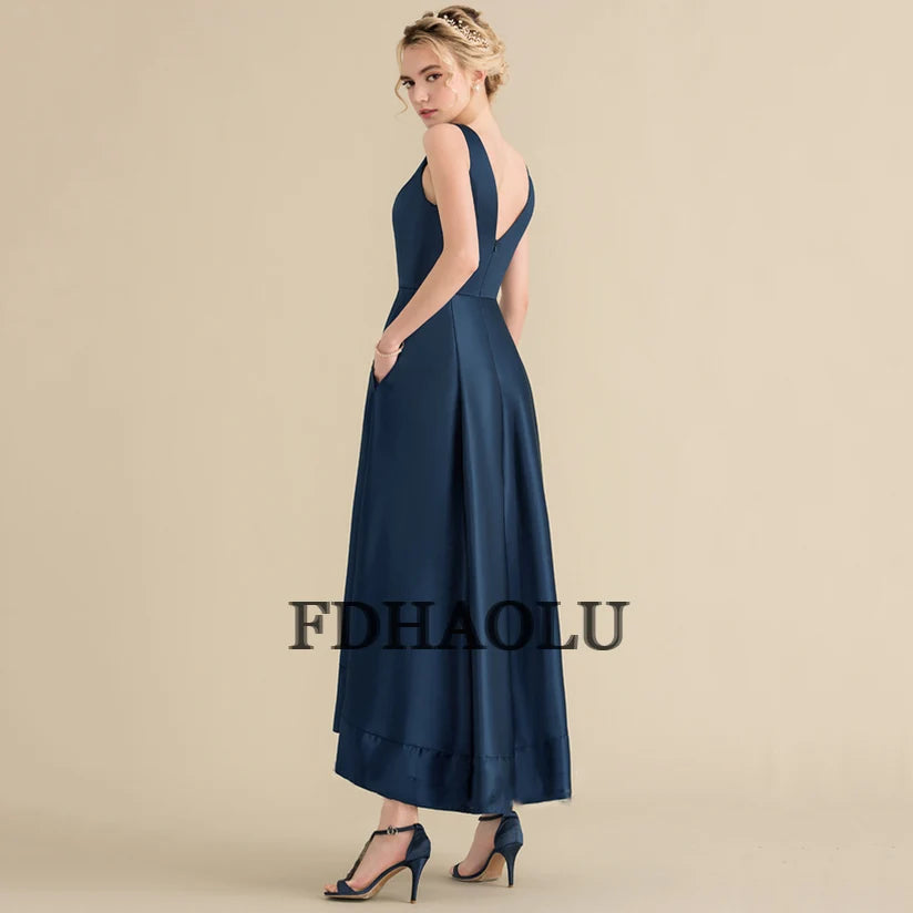 Navy Blue Prom Dresses Long Ankle Length V-Neck Zipper Back Satin Evening Gowns Formal Party Dress Vestidos De Festa Customized
