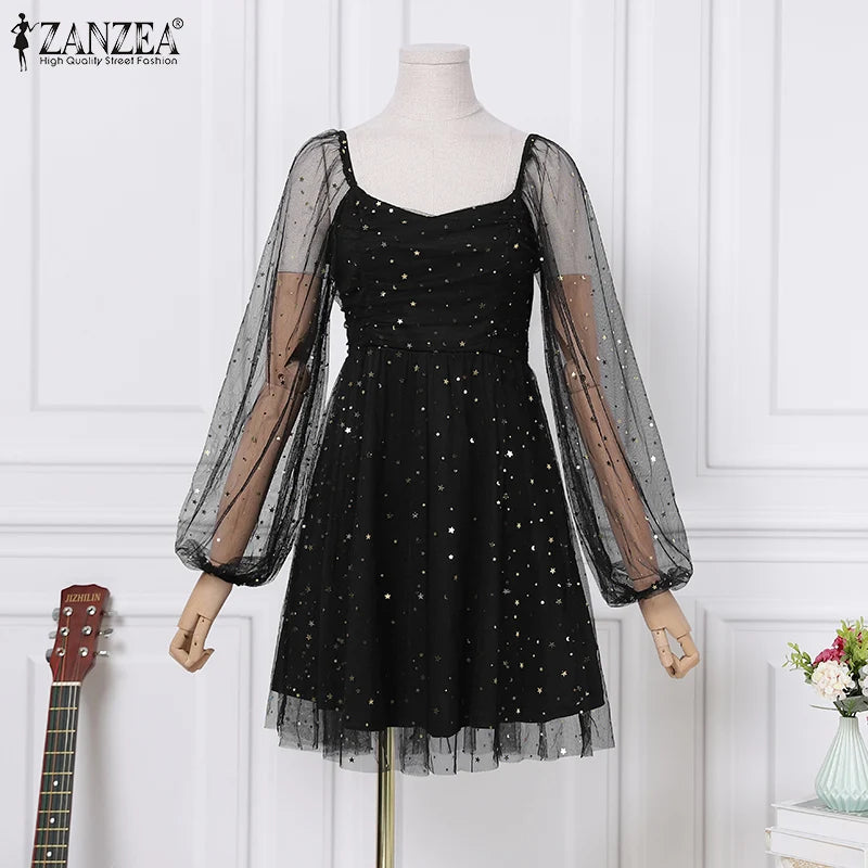 ZANZEA Elegant Women Dress 2024 Spring Summer Lace Patchwork Knee Length Dresses Casual Solid Long Sleeve A-line Oversized Robe