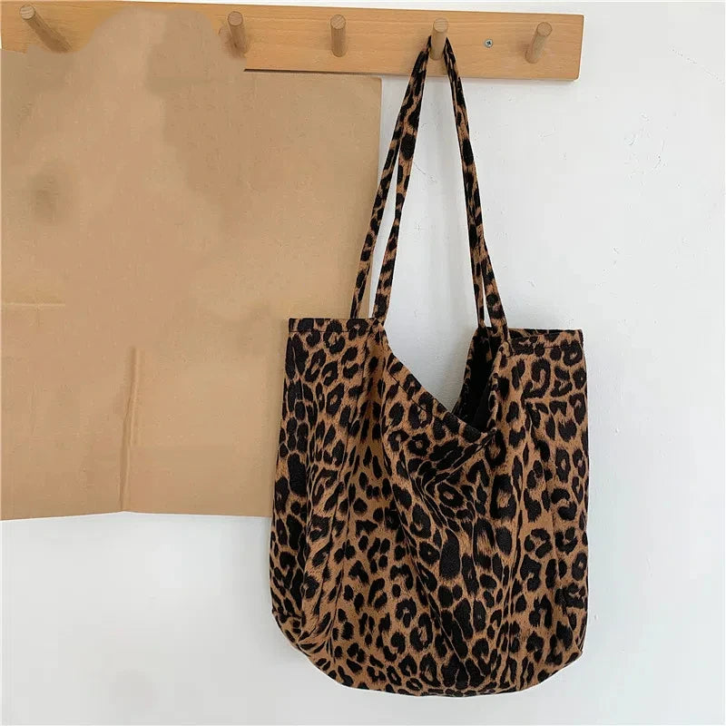 Fashion Women's Leopard Print Canvas Tote Bag Large Capacity Eco-Friendly Portable Foldable Shoulder Shopping Bag