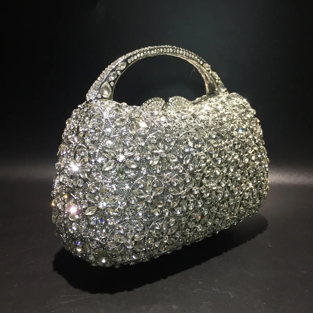 Women Champagne/Blue Color Stone Evening Bags Purses and Handbags Wedding Party Dinner Crystal Flower Clutch Bags Minaudiere Bag