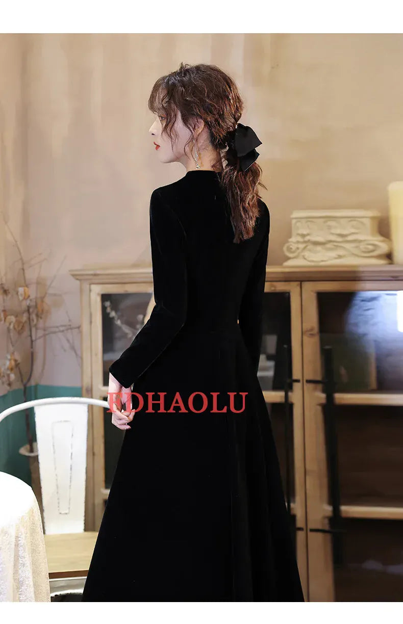 Plus Size Black Velour V Neck Gown