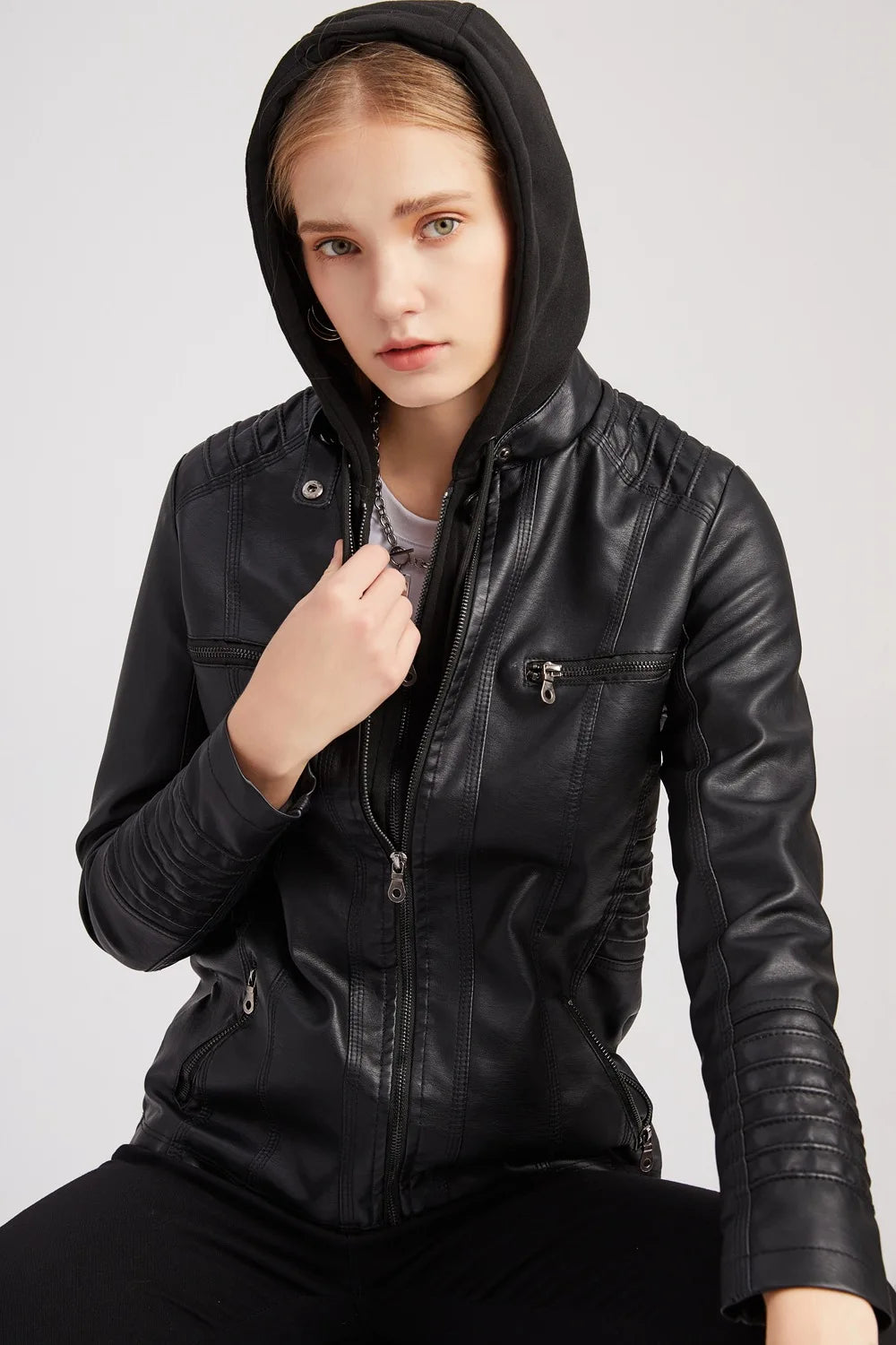 Autumn Winter Women Leather Jacket Hooded Removable PU Leather Jackets Motorcycle Long Sleeve Zipper Coat Black Outerwear XS-7XL