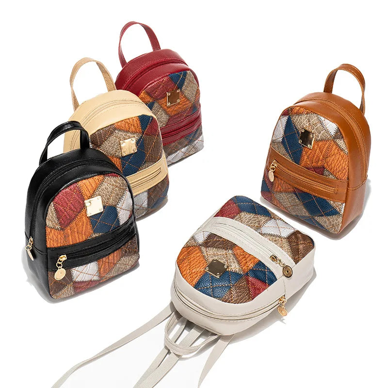 2025 New Women's Mini Backpack Vintage Geometric Pattern Backpacks Portable Small Schoolbag Shoulder Bag Students Summer Spring