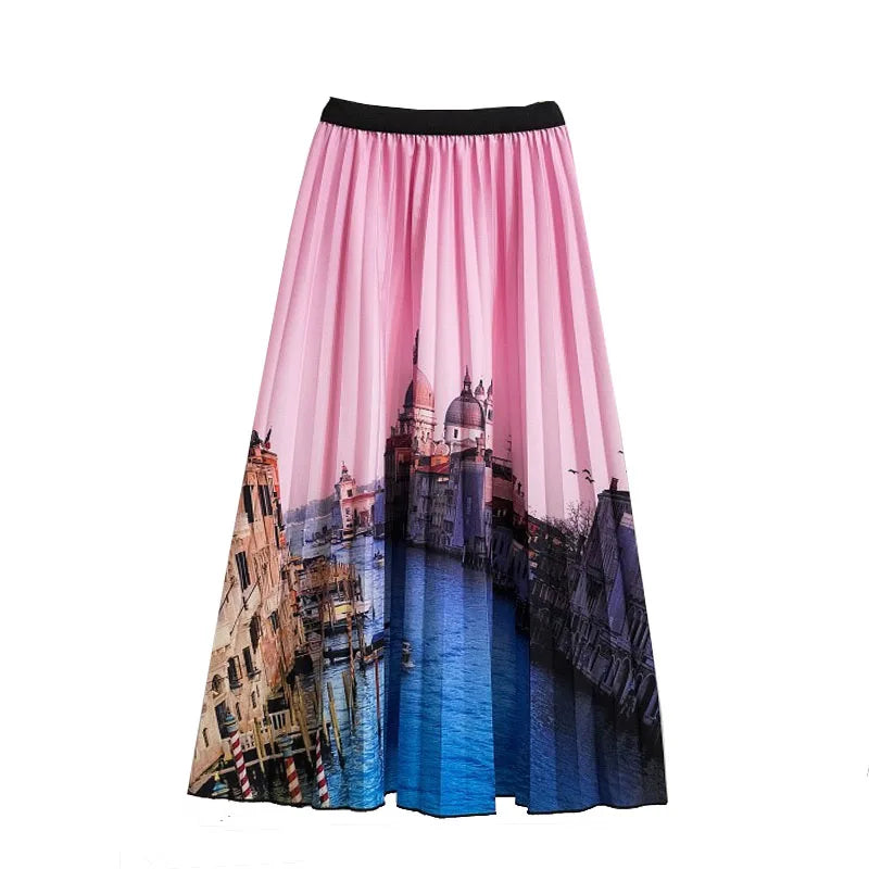 Casual Floral Midi Pleated Skirt For Women Fashion Printed Flower A Line Elastic High Waist Mid-length Skirt Female Ladies falda