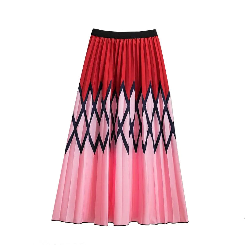 Casual Floral Midi Pleated Skirt For Women Fashion Printed Flower A Line Elastic High Waist Mid-length Skirt Female Ladies falda