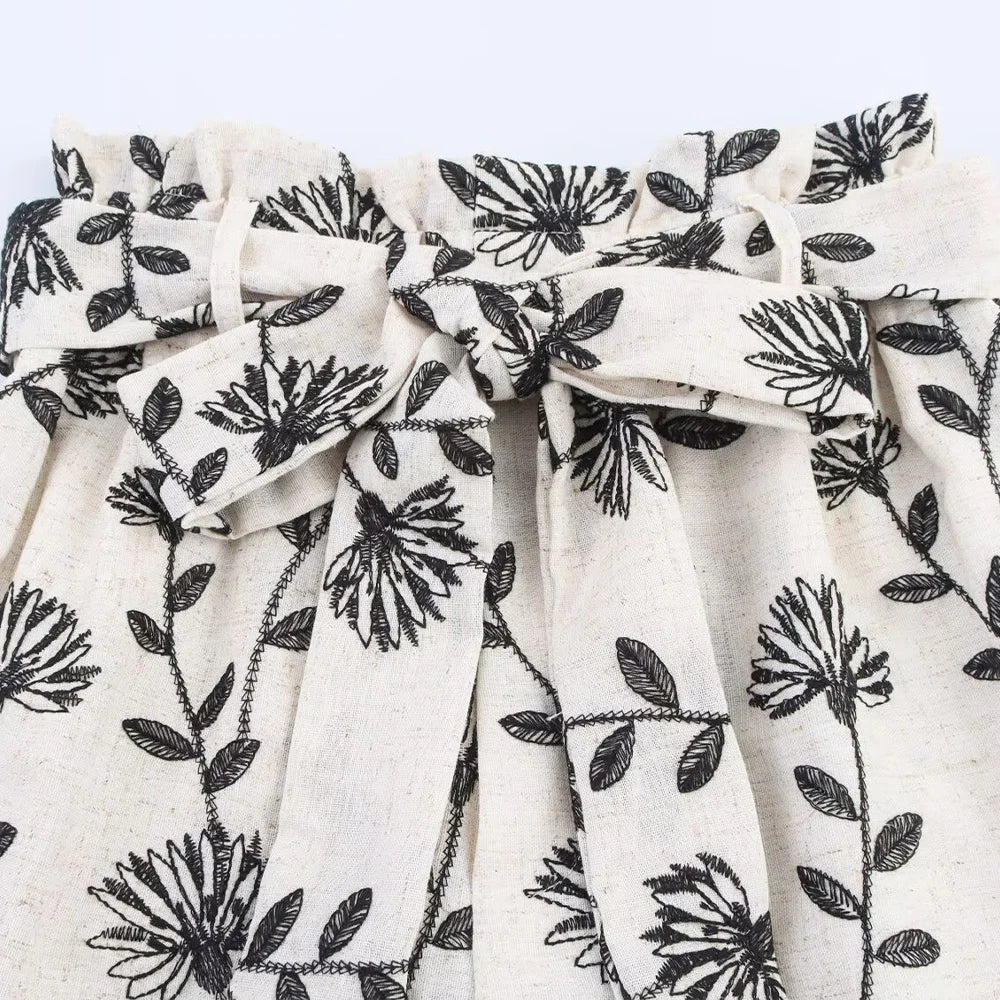 PB&ZA Women 2025 New Chic Fashion Embroidered Paper Bag Style Casual Shorts Skirts Vintage High Waist Female Skorts Mujer