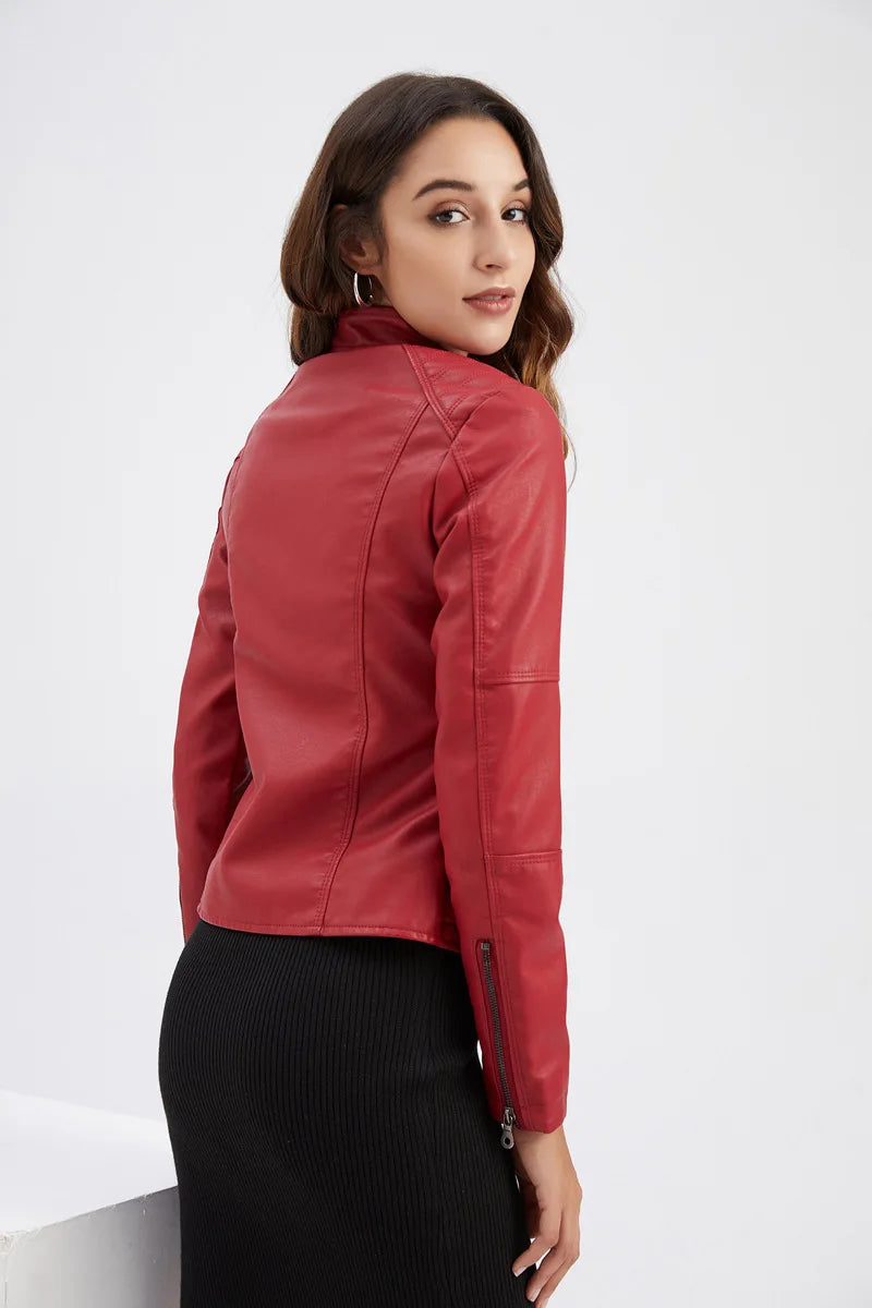 Women Leather Jacket 2025 Spring Autumn Black PU Leather Coat Stand-up Collar Motor Biker Jacket