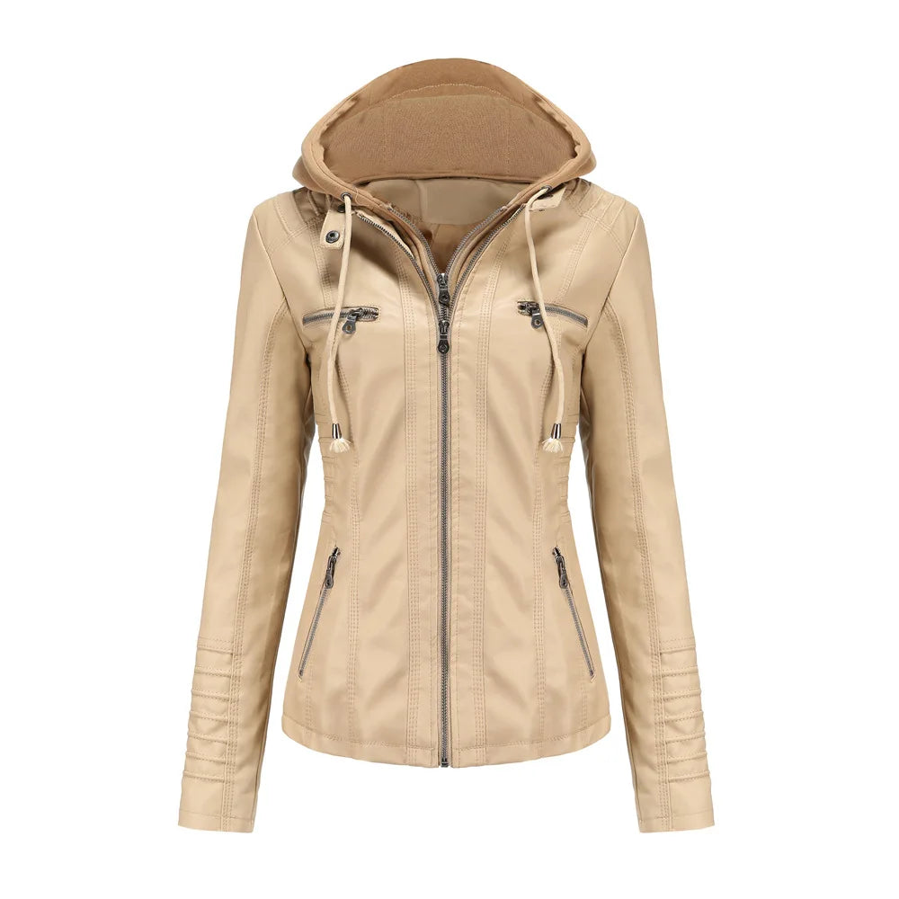 Autumn Winter Women Leather Jacket Hooded Removable PU Leather Jackets Motorcycle Long Sleeve Zipper Coat Black Outerwear XS-7XL