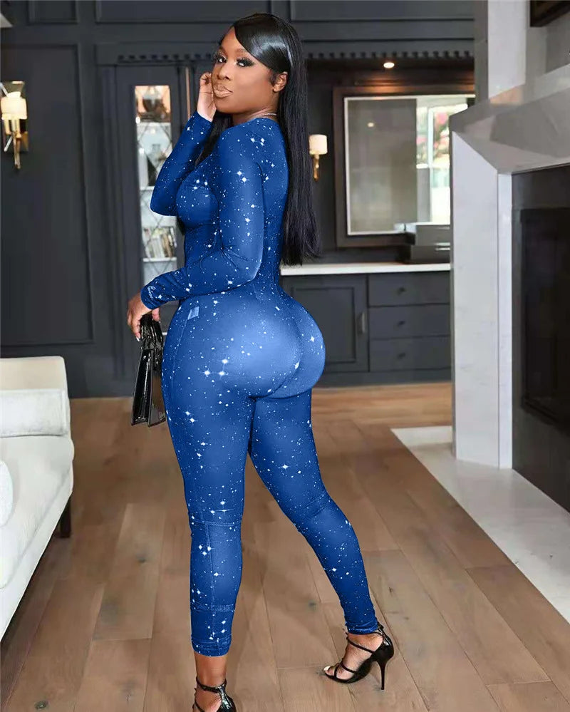 Galaxy Print Mesh Sheer Jumpsuit Women Overalls Front Zipper V-neck Bodycon Rompers Sexy Midnight Clubwear One Piece Outfits
